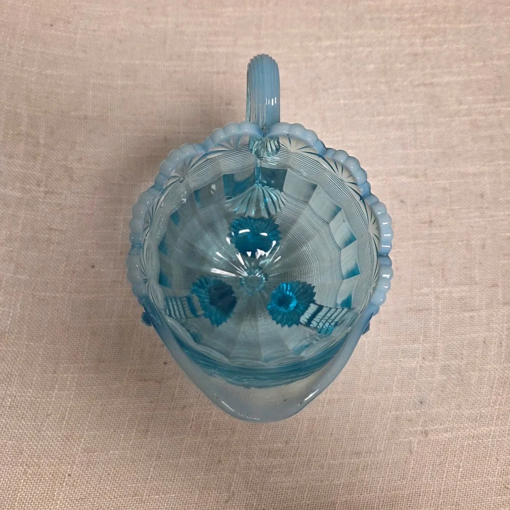 Northwood Blue Opalescent Chrysanthemum Base Swirl Glass Footed Creamer Pitcher
